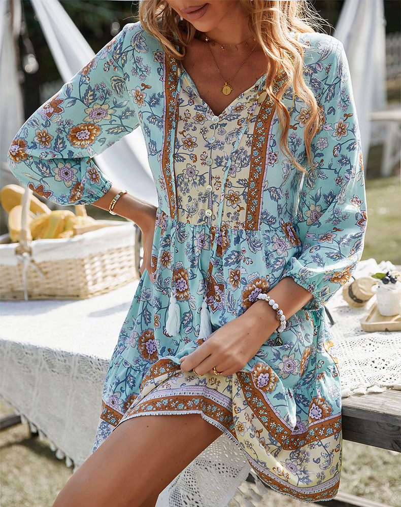Boho V Neck Tassel Tie Printed Loose Babydoll Dress