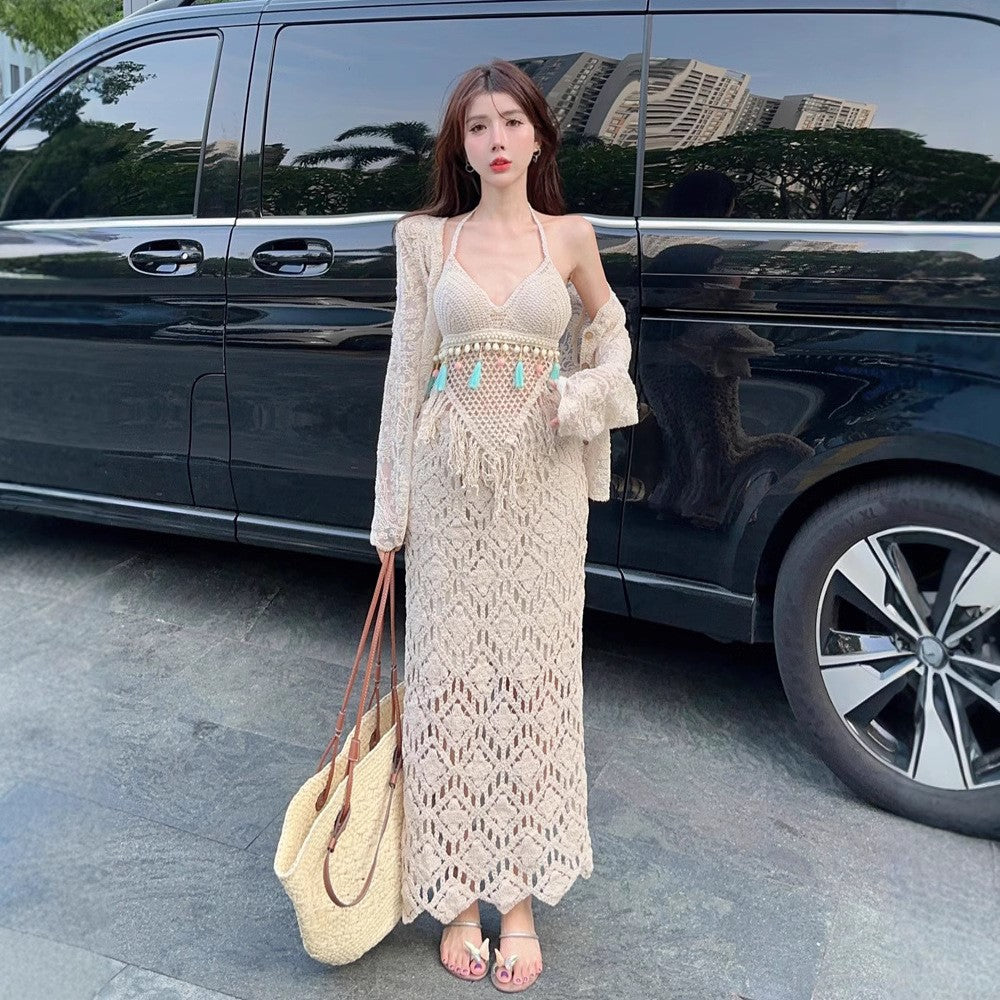 Boho Crochet Lace High Waist Flare Maxi Skirt | Ethnic Style Vacation Slimming A-Line Skirt