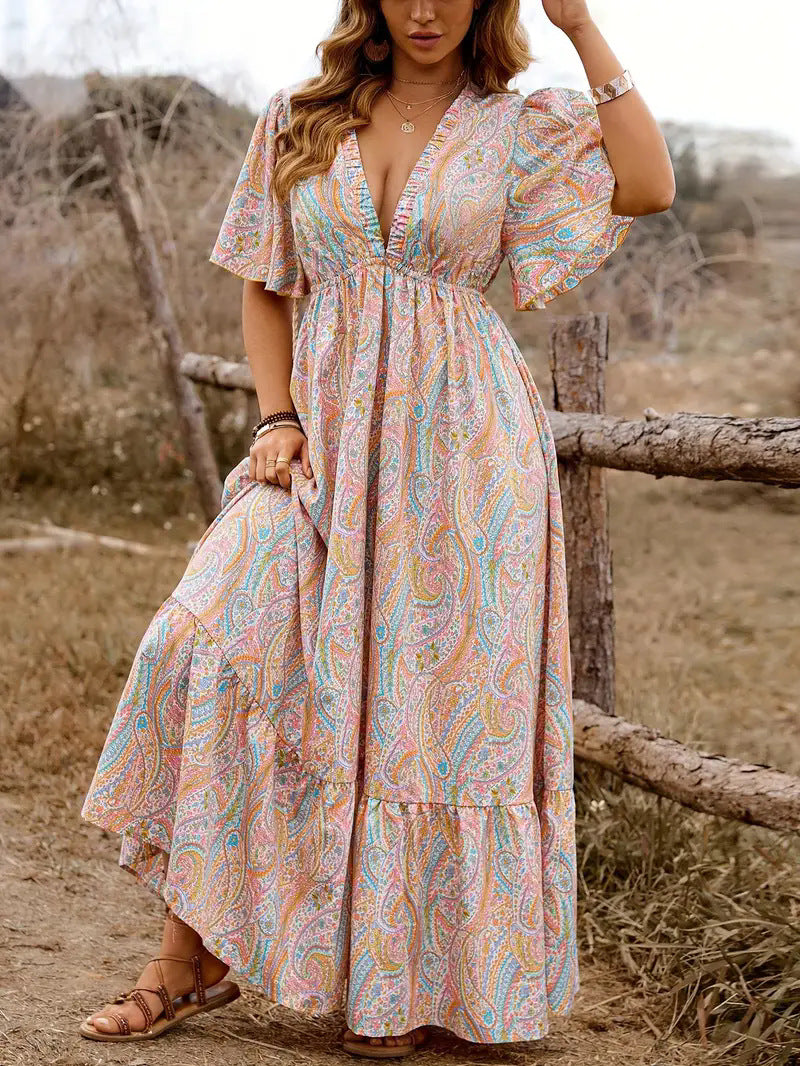 Boho Paisley Print V-Neck Waisted Maxi Dress