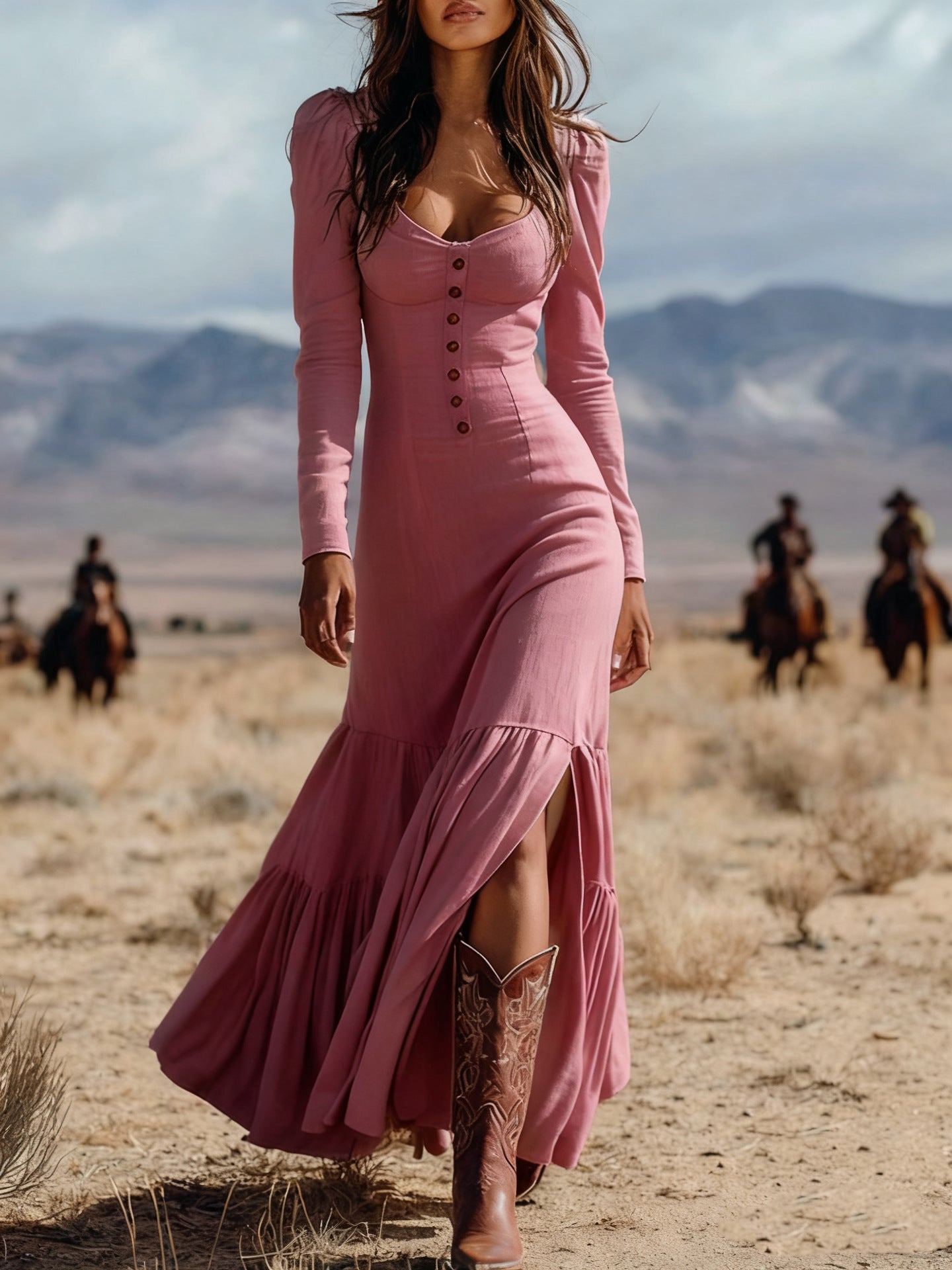 American Western Style Square Neck Button Slit Long Sleeve Flare Maxi Dress | Retro Vacation Slimming Long Dress