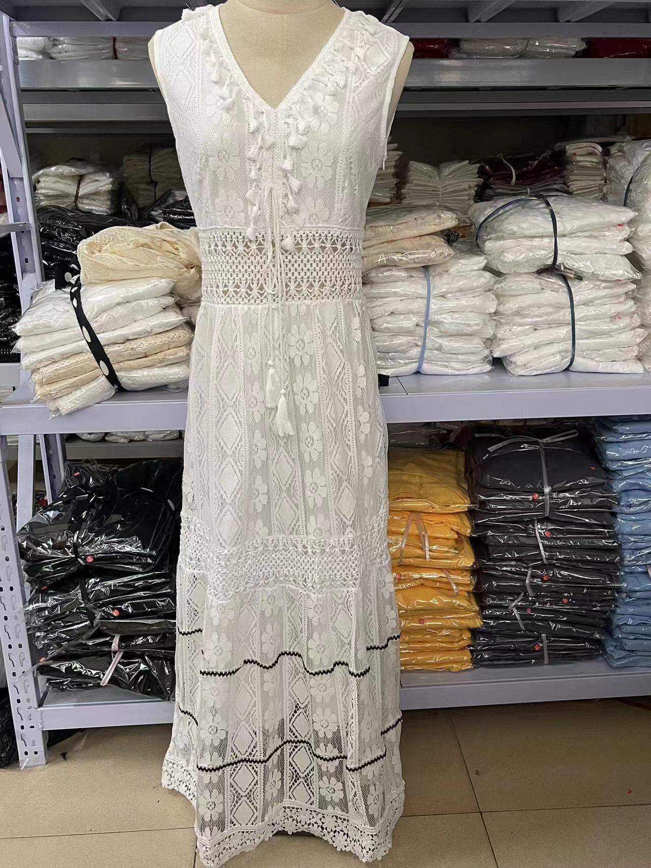 Boho Lace Tassel V-Neck High Slit Tiered Maxi Dress | Vacation Ethnic Style Beach Dress