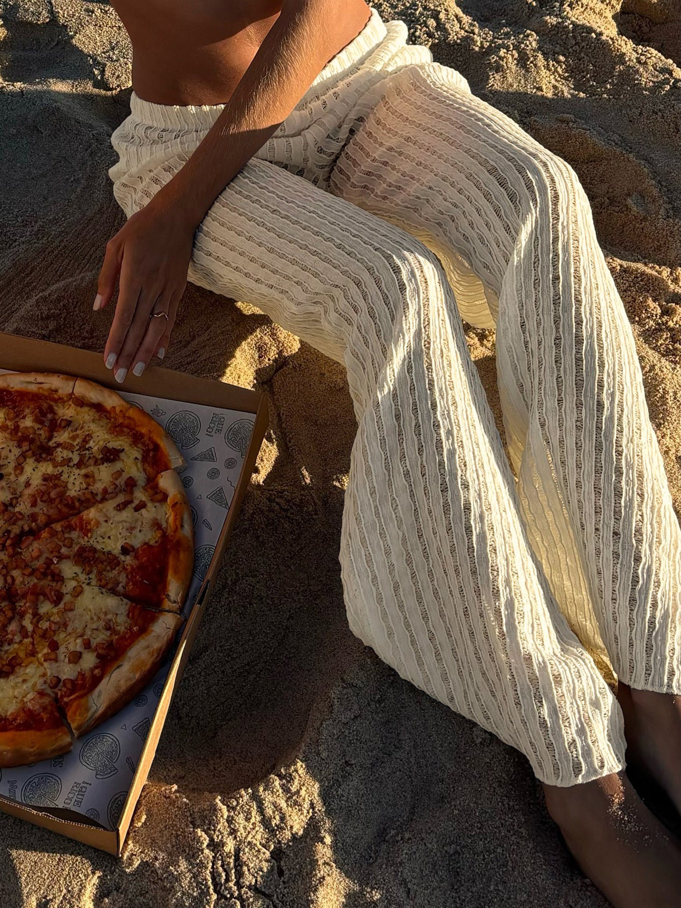 Off-White Textured Crochet Bohemian Wide-Leg Pants