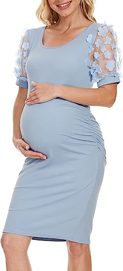 Boho 3D Flower Puff Sleeve Ruched Side Maternity Bodycon Dress