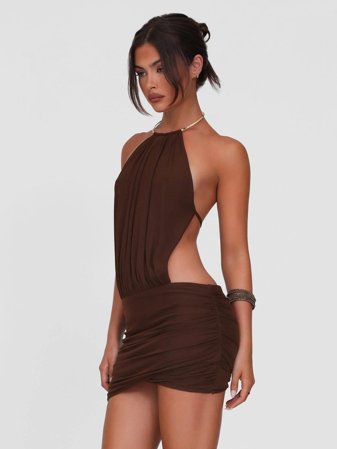Boho Metal Halter Cutout Ruched Mini Dress
