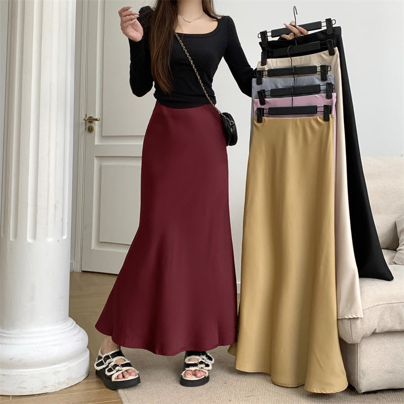 French Satin High Waist Slim Fit Mermaid Maxi Skirt | Elegant Commuter Drape A-Line Flare Skirt