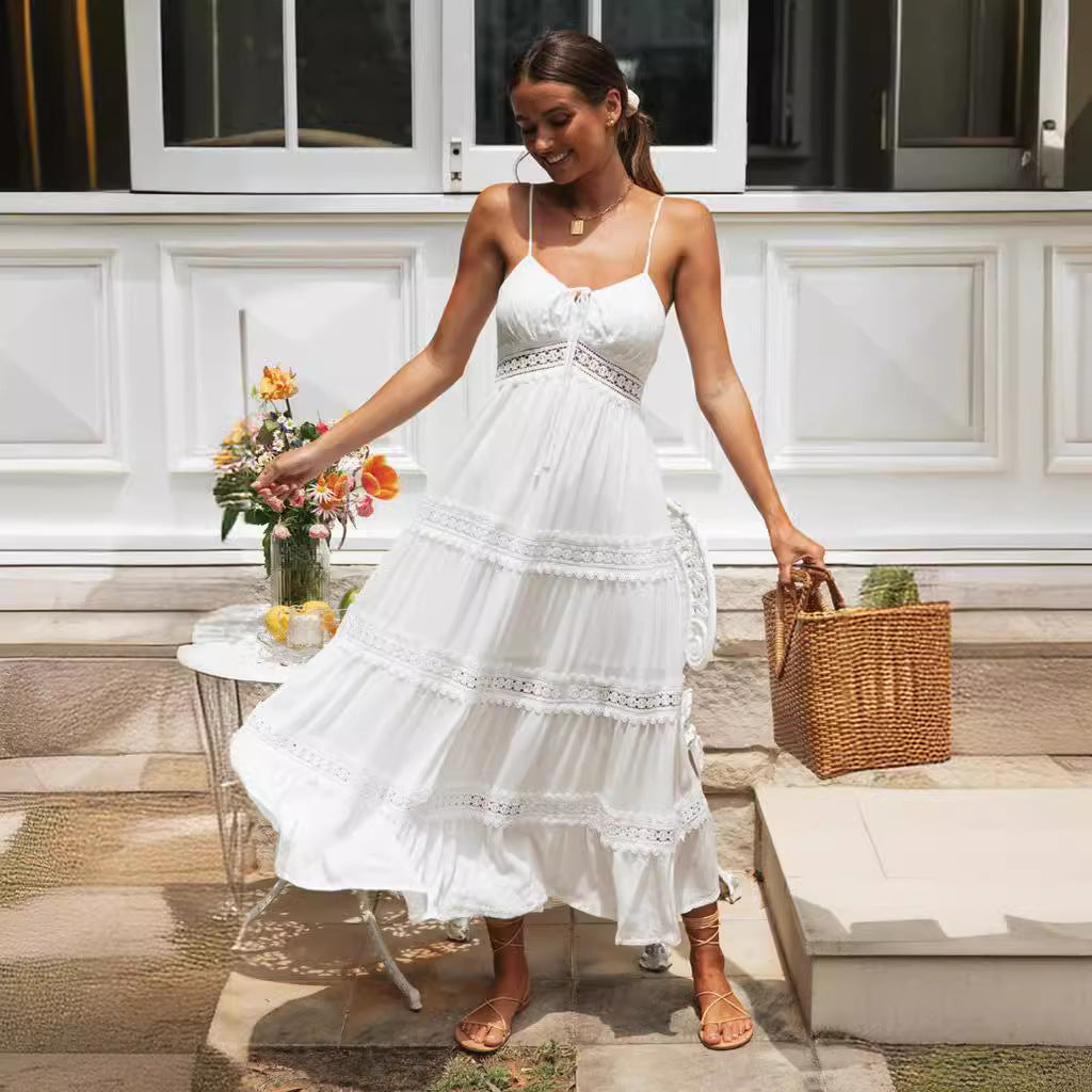 White Lace Patchwork Spaghetti Strap Tiered Dress | Boho Vacation Maxi Dress