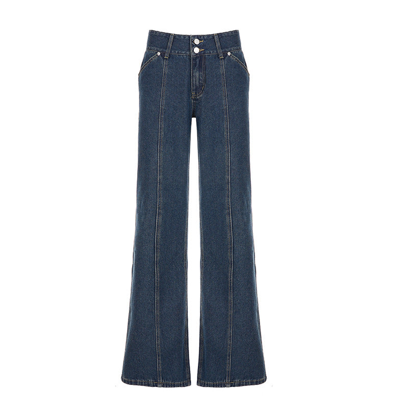 Bohemian Vintage High-Waisted Vertical Stitch Wide-Leg Jeans