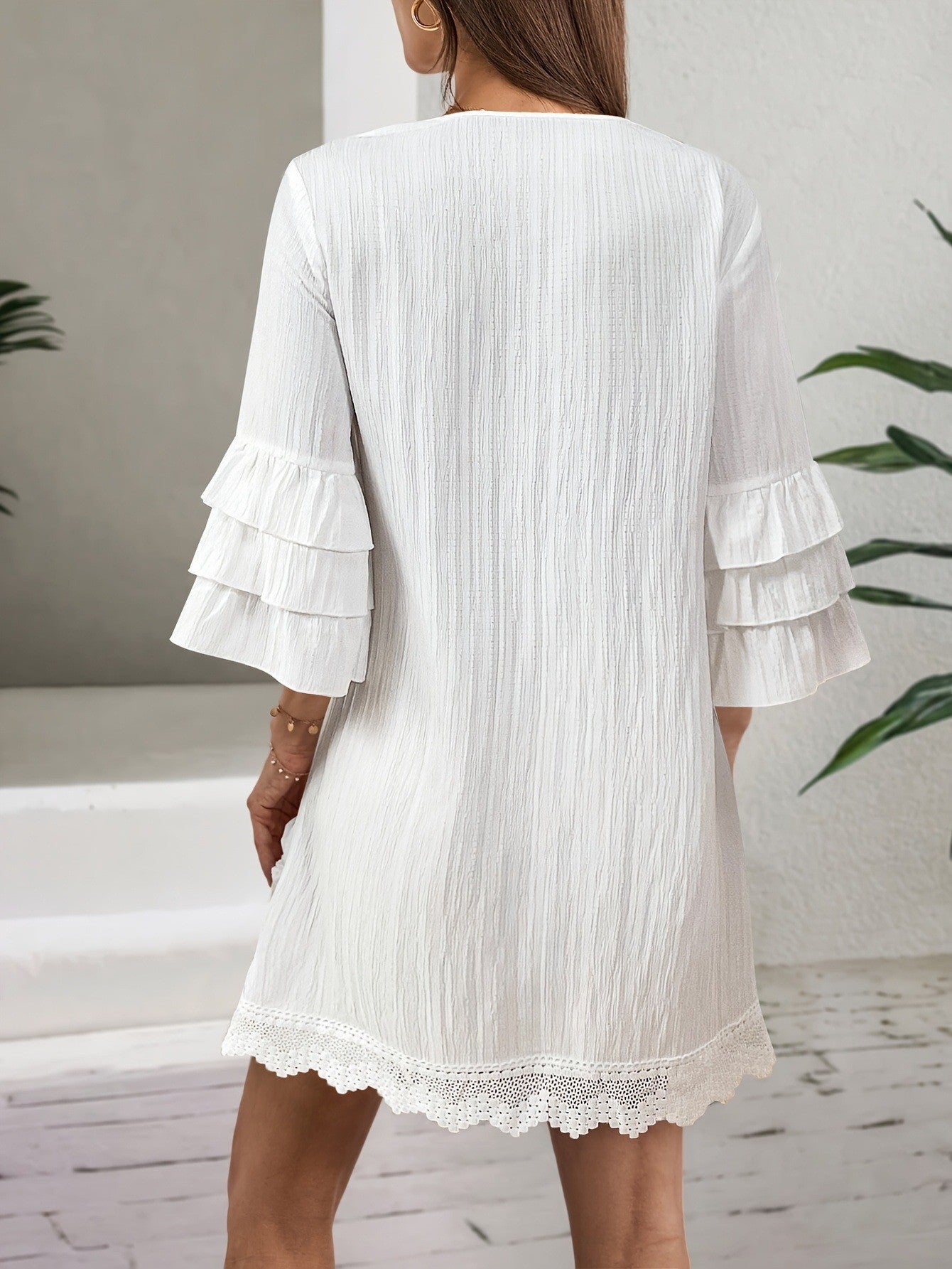Boho Embroidered Pom Pom Tassel Ruffle Lace Mini Dress | Ethnic Style Vacation Loose A-Line Dress