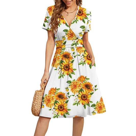Boho Printed V-Neck Wrap Midi Dress