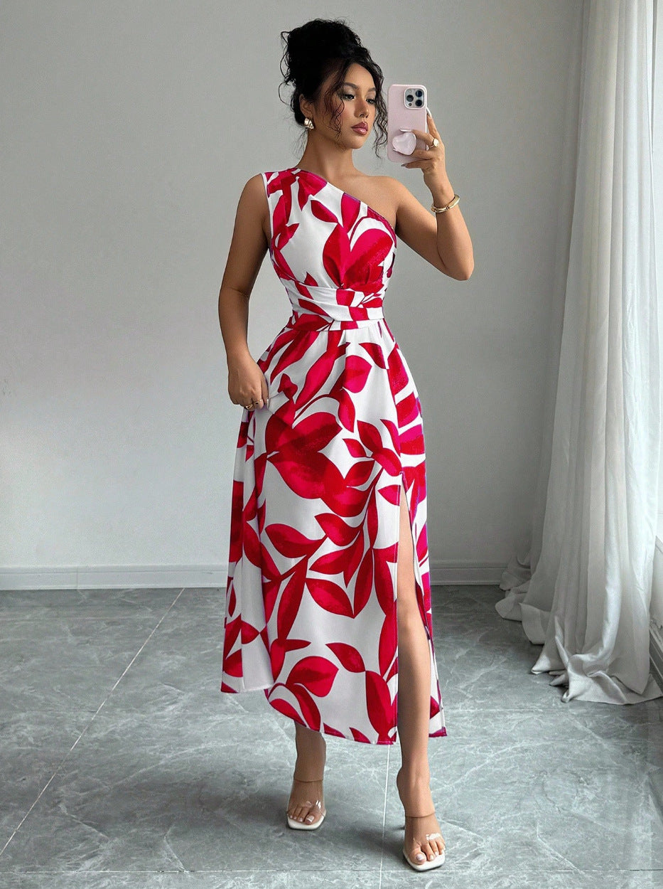 French One Shoulder Leaf Print Waist-Cinching Slit Maxi Dress | Vacation Style Elegant Slimming Tea Dress