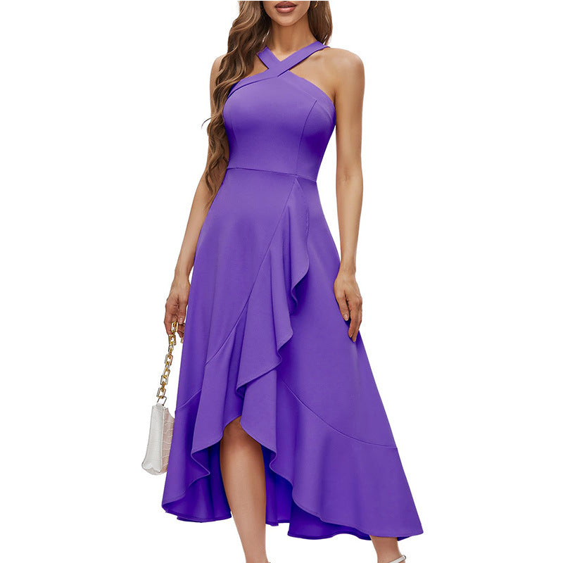 Bohemian Crisscross Halter Sleeveless Asymmetrical Ruffle Midi Dress