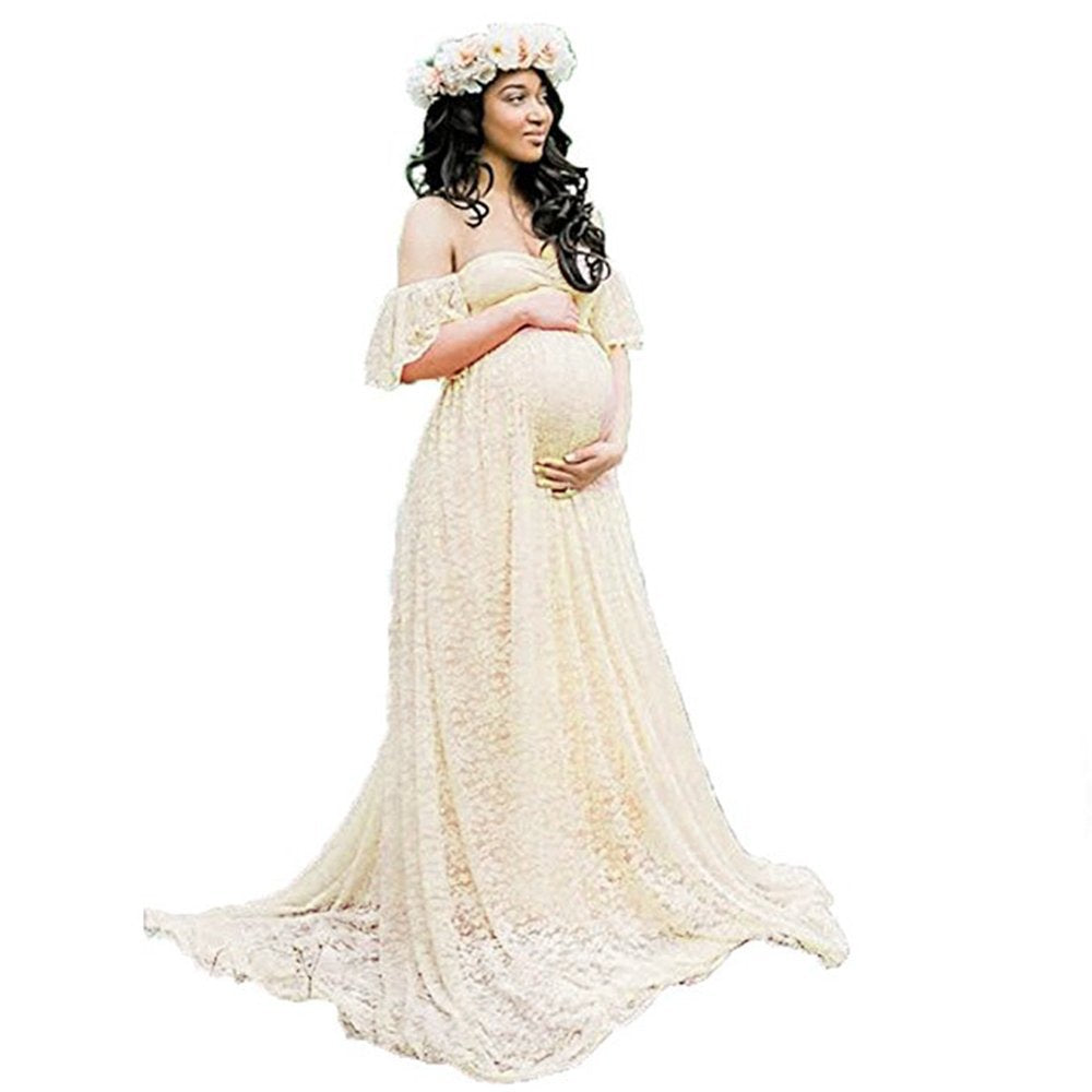 Maternity Photo Shoot Off Shoulder Lace Trailing Maxi Dress