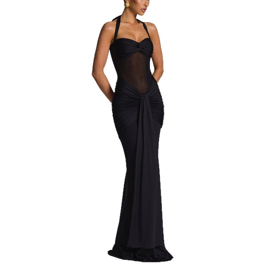 Halter Neck Mesh Panel Twist Waist Mermaid Maxi Dress | Luxury Sexy Evening Gown