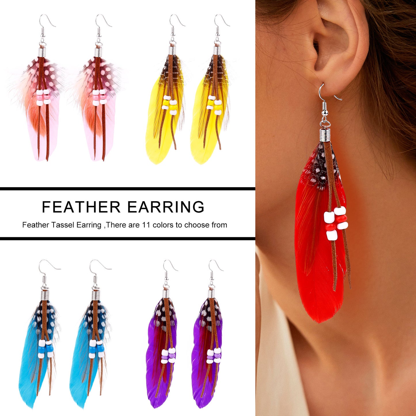 Boho Colorful Feather Beaded Tassel Earrings | Ethnic Style Unique Design Earrings