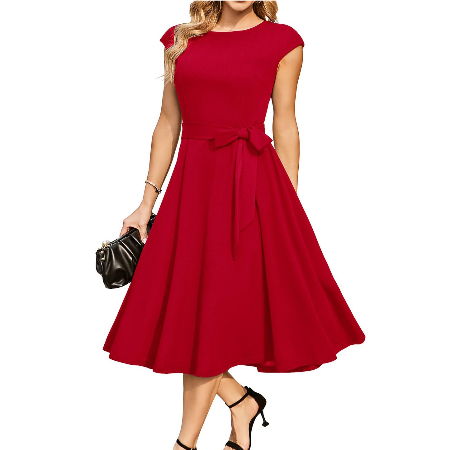 Bohemian Solid Color Round Neck Cap Sleeve Belted A-Line Midi Dress