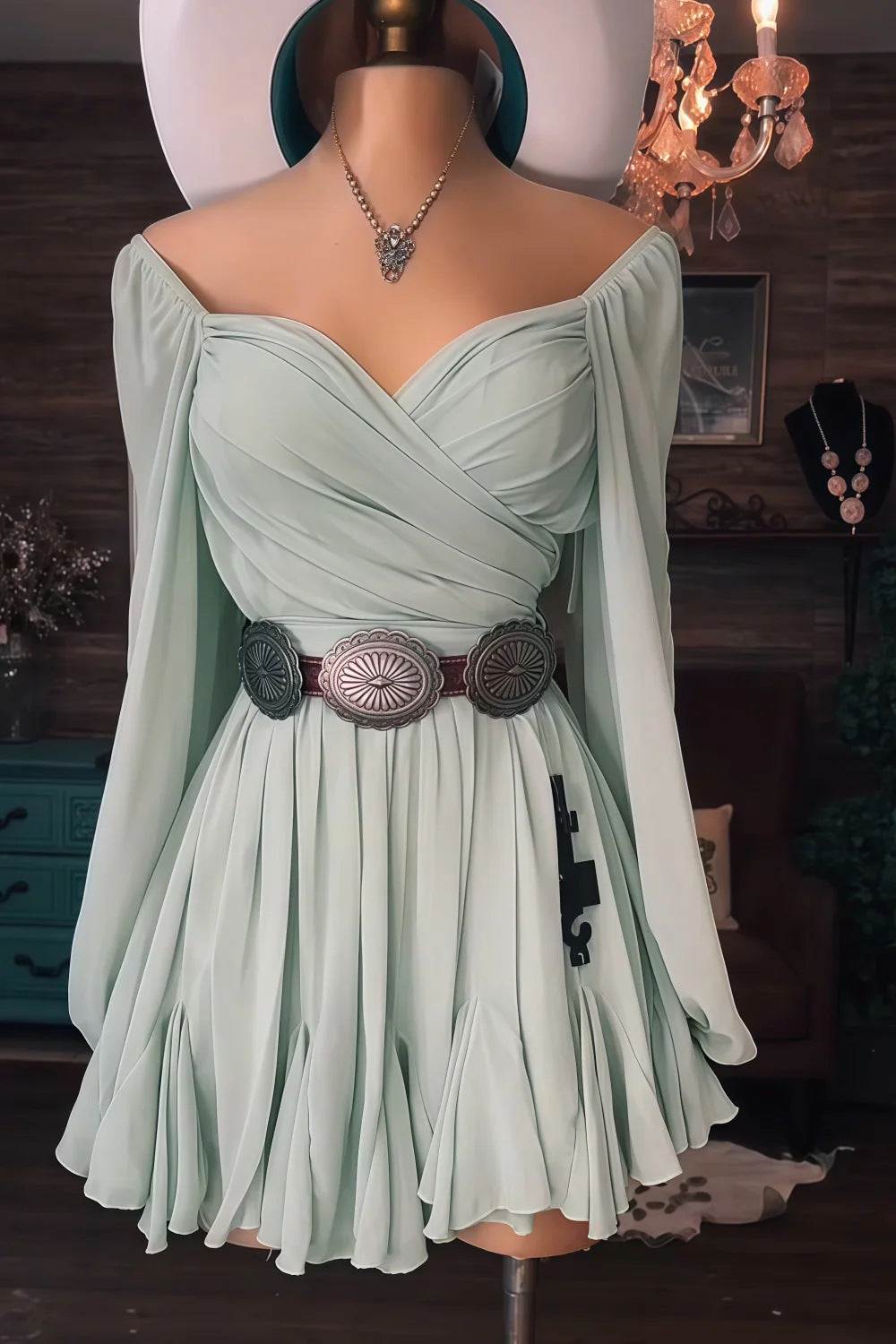 Vintage Western Style Off-the-Shoulder Cross Waist Ruffle Mini Dress | Y2K Slimming A-Line Dress