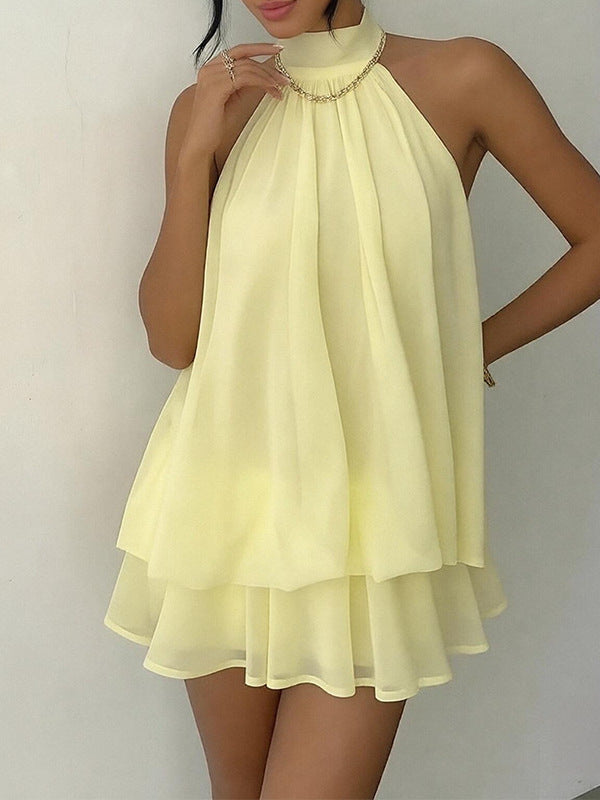 Boho Halter Neck Double Layer Ruffle Chiffon Loose Mini Dress