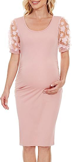 Boho 3D Flower Puff Sleeve Ruched Side Maternity Bodycon Dress
