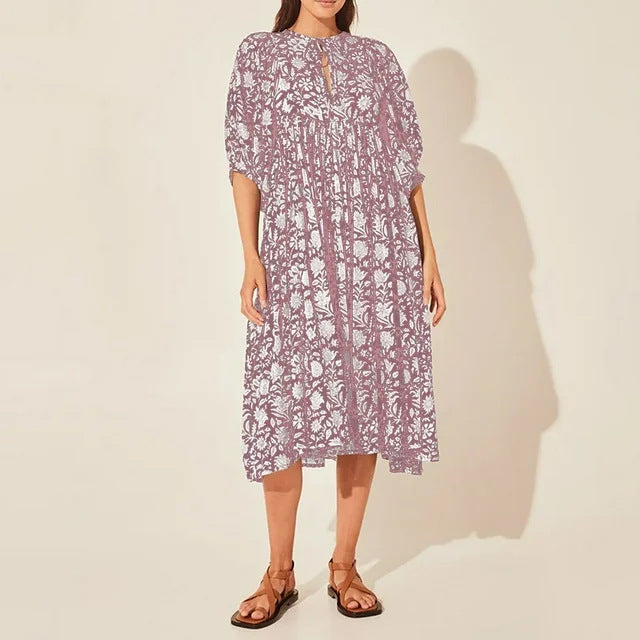 Bohemian Puff Sleeve Floral Maxi Dress | Vacation Style V-Neck Tie Dress