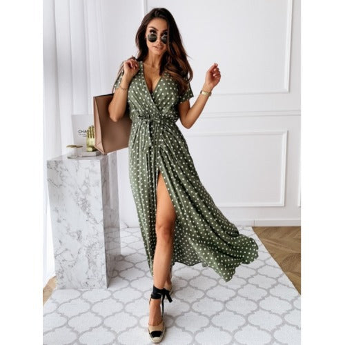 Polka Dot V-Neck High Waist Slit Maxi Dress | French Vacation Style Short Sleeve Dress