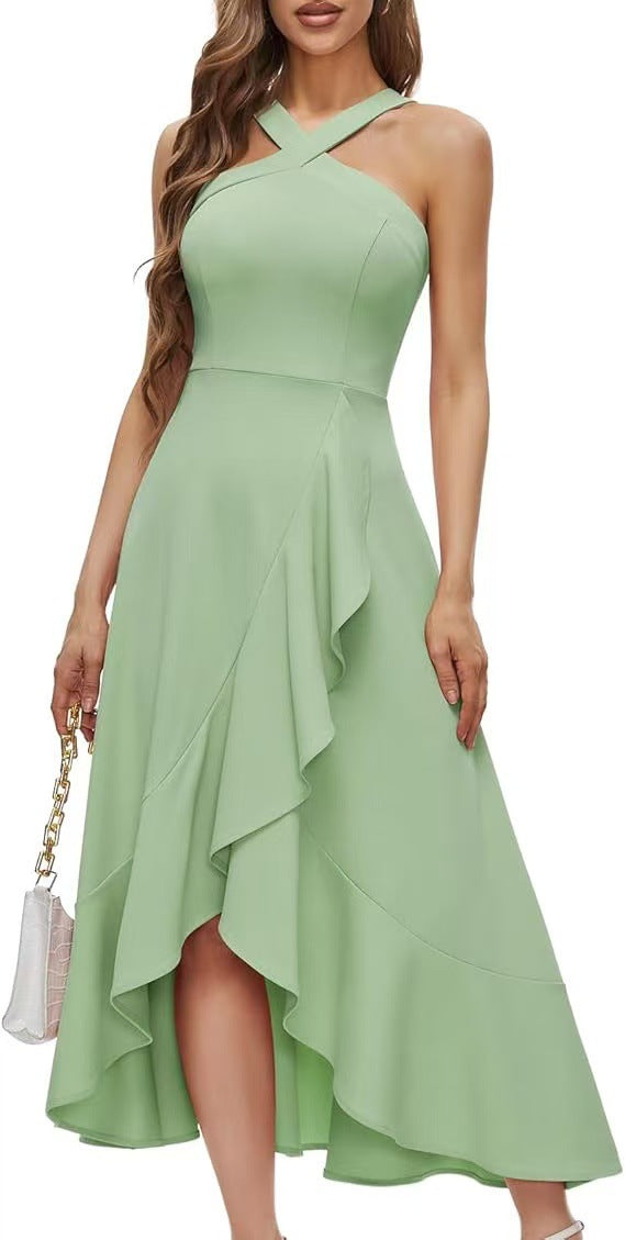 Bohemian Crisscross Halter Sleeveless Asymmetrical Ruffle Midi Dress