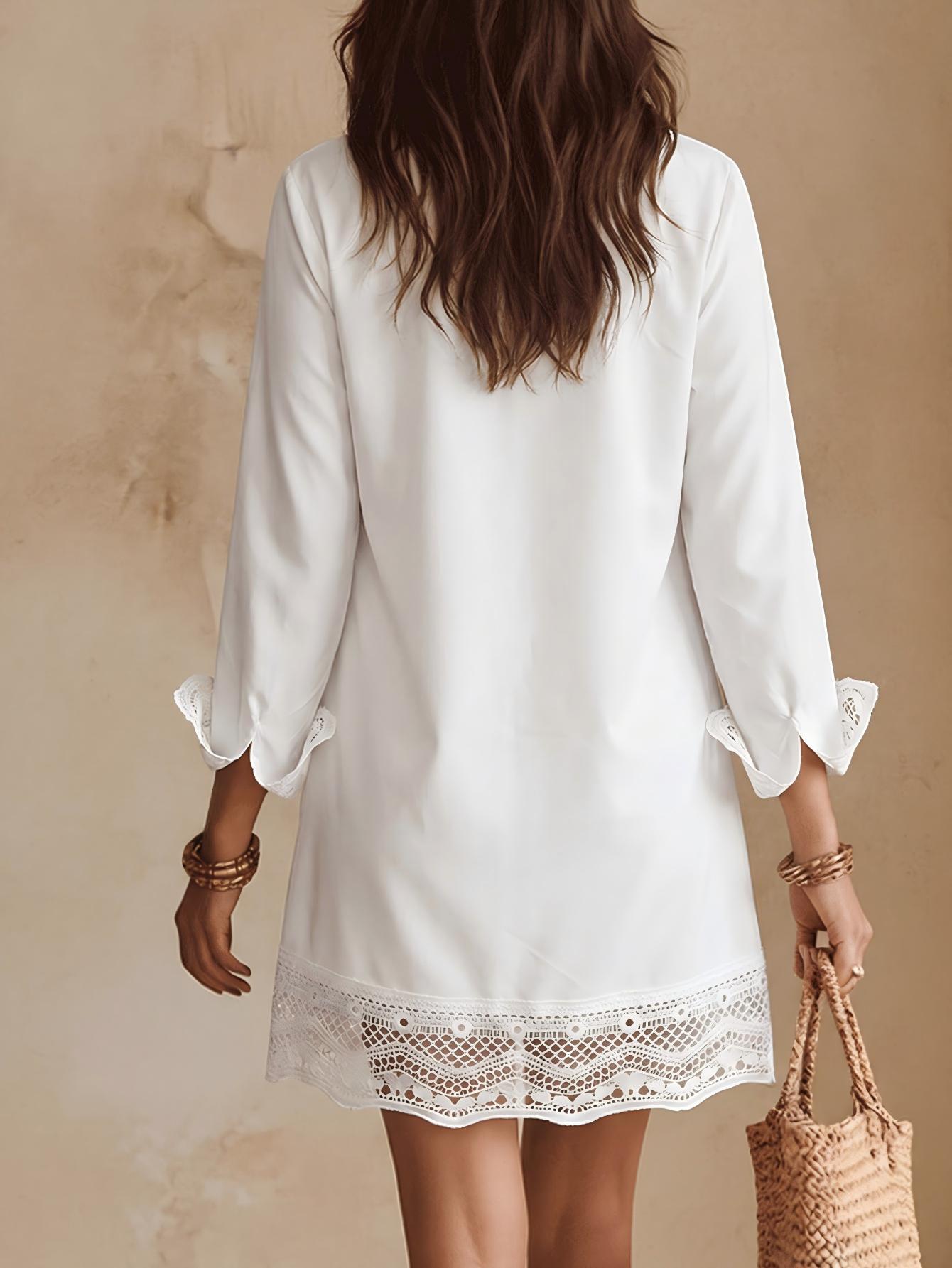 Hollow Lace Crochet Trim Pointed Collar Button-Down Long Sleeve Shirt
