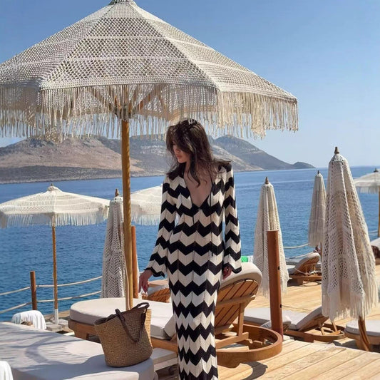 Black White Chevron V-Neck Tie Knit Maxi Cover Up | Vacation Style Knitwear