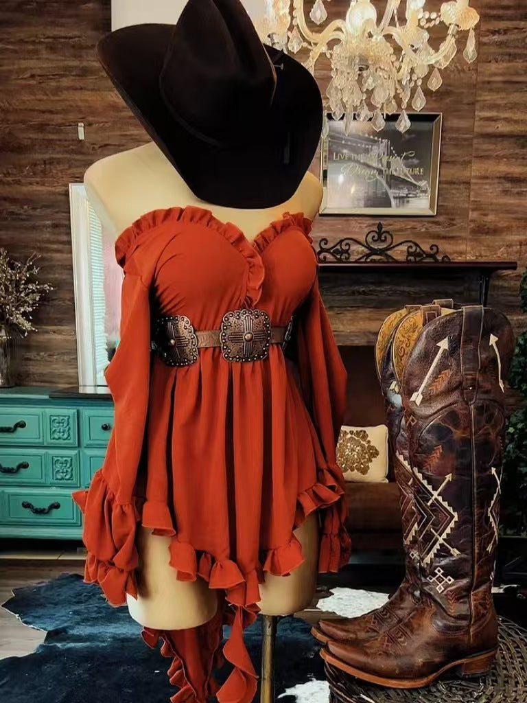 French Orange Red Halter Off Shoulder Ruffle Waist-Cinching Asymmetrical Mini Dress | Sweet Y2K Slimming A-Line Dress