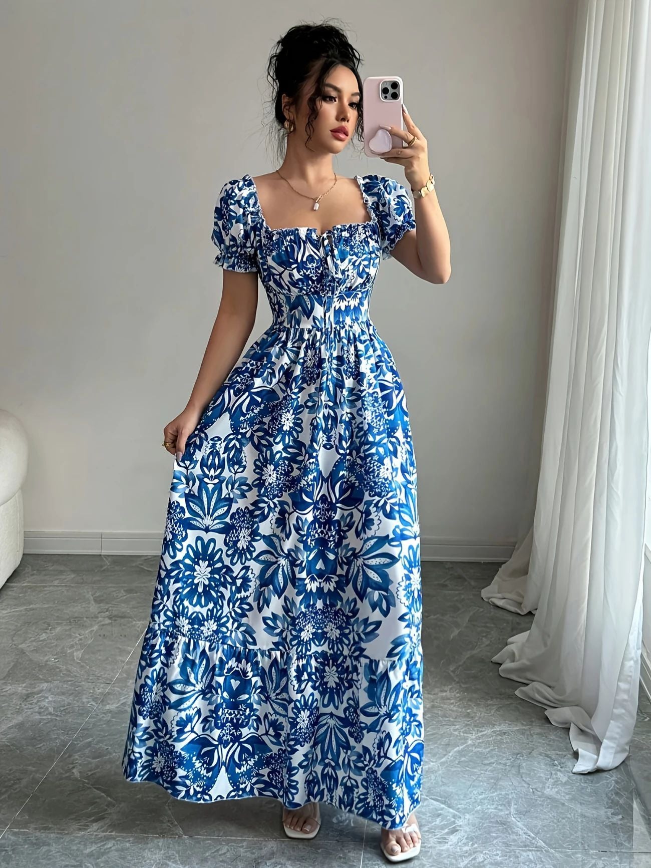 Blue & White Porcelain Print Boho Square Neck Maxi Dress