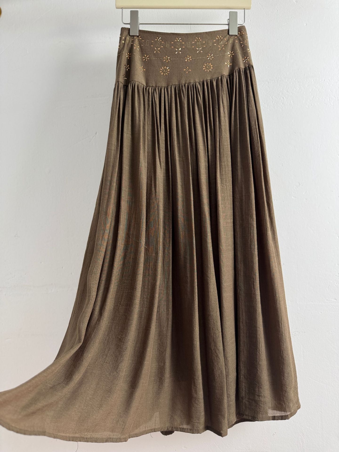 Boho High Waist Gold Embroidery Flare Maxi Skirt | Retro Vacation Drape A-Line Skirt
