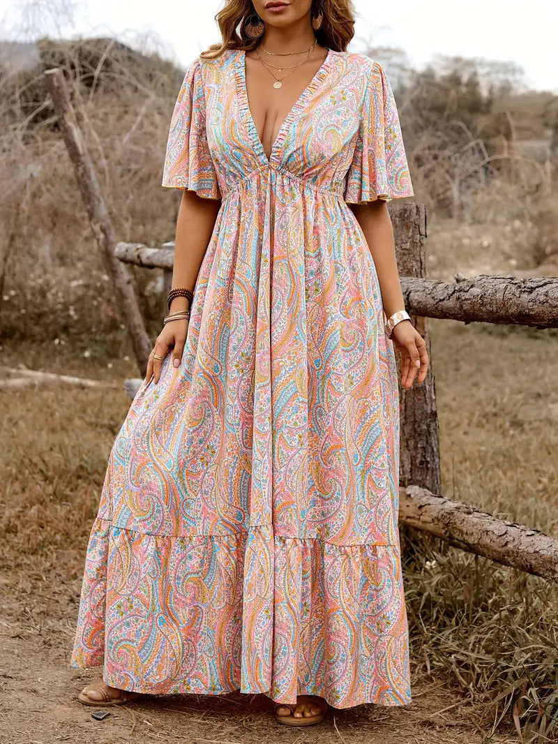 Boho Paisley Print V-Neck Waisted Maxi Dress