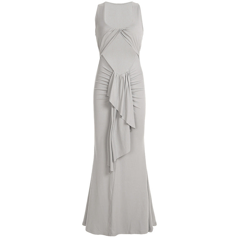 Bohemian Twisted Cutout Ruched Fringe Mermaid Maxi Dress