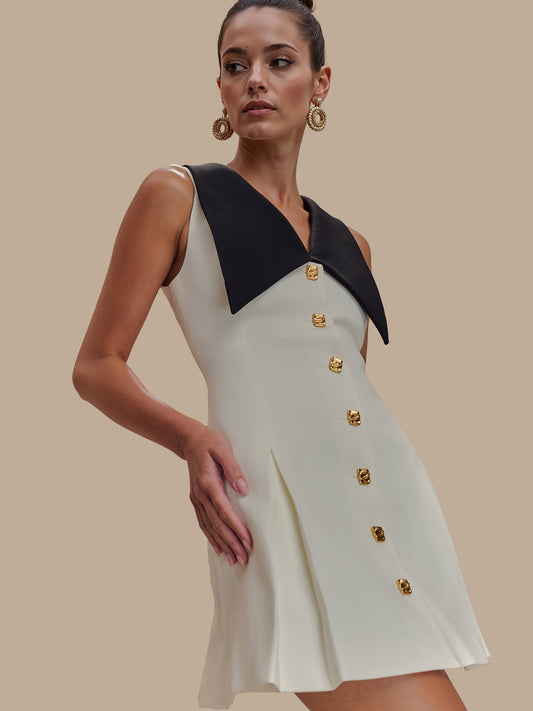 French Chanel Style Contrast Big Collar Gold Button Waist-Cinching Sleeveless Mini Dress | Elegant Luxury A-Line Dress