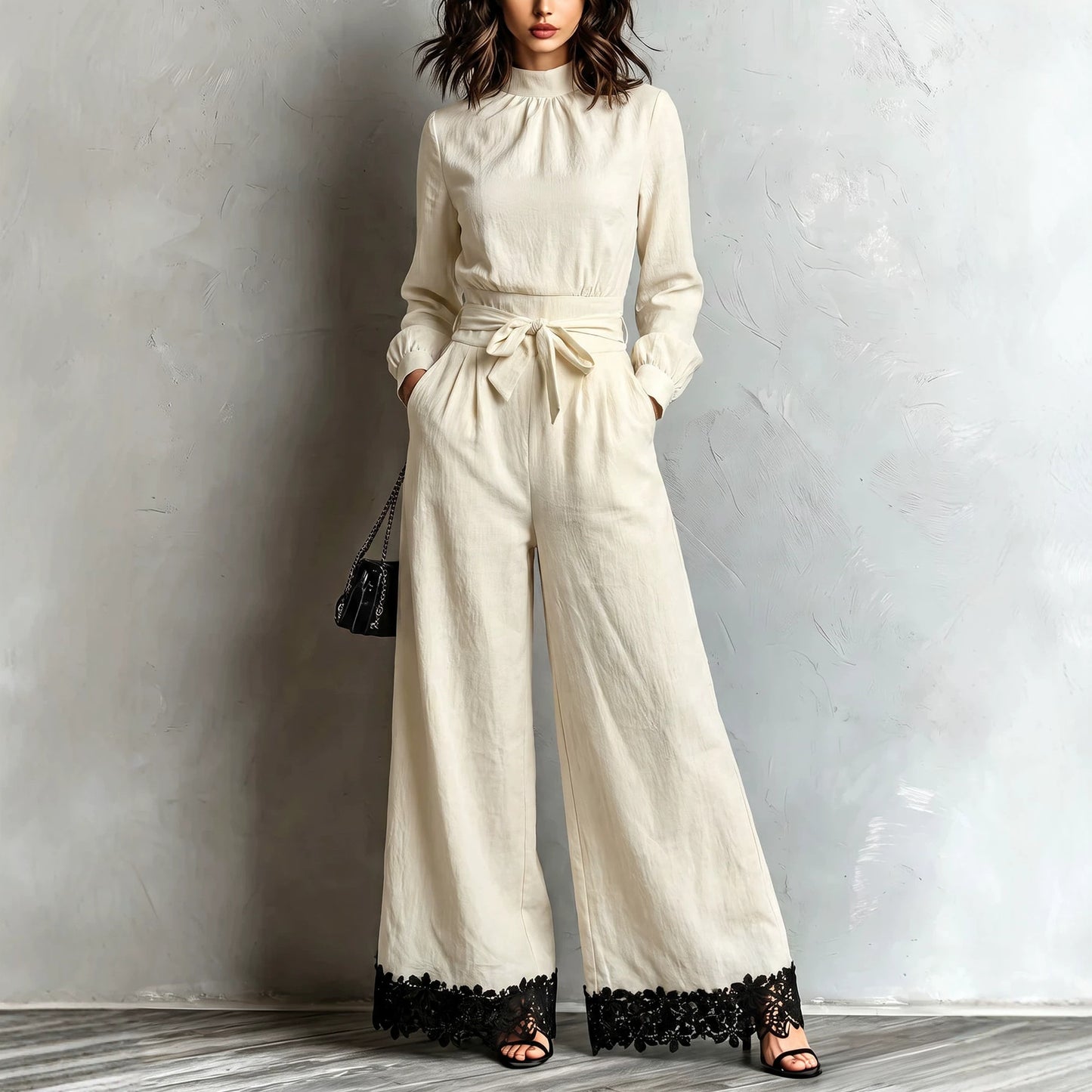 Apricot High Mock Neck Long Sleeve Self-Tie Belt Wide-Leg Contrast Lace Hem Jumpsuit
