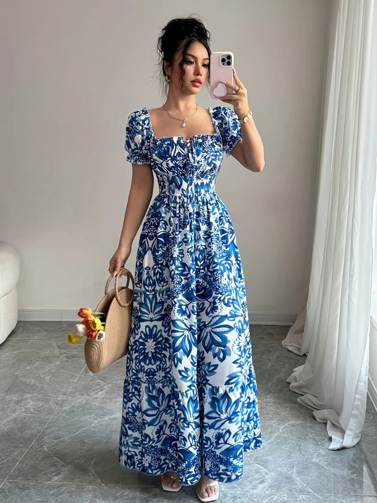 Blue & White Porcelain Print Boho Square Neck Maxi Dress