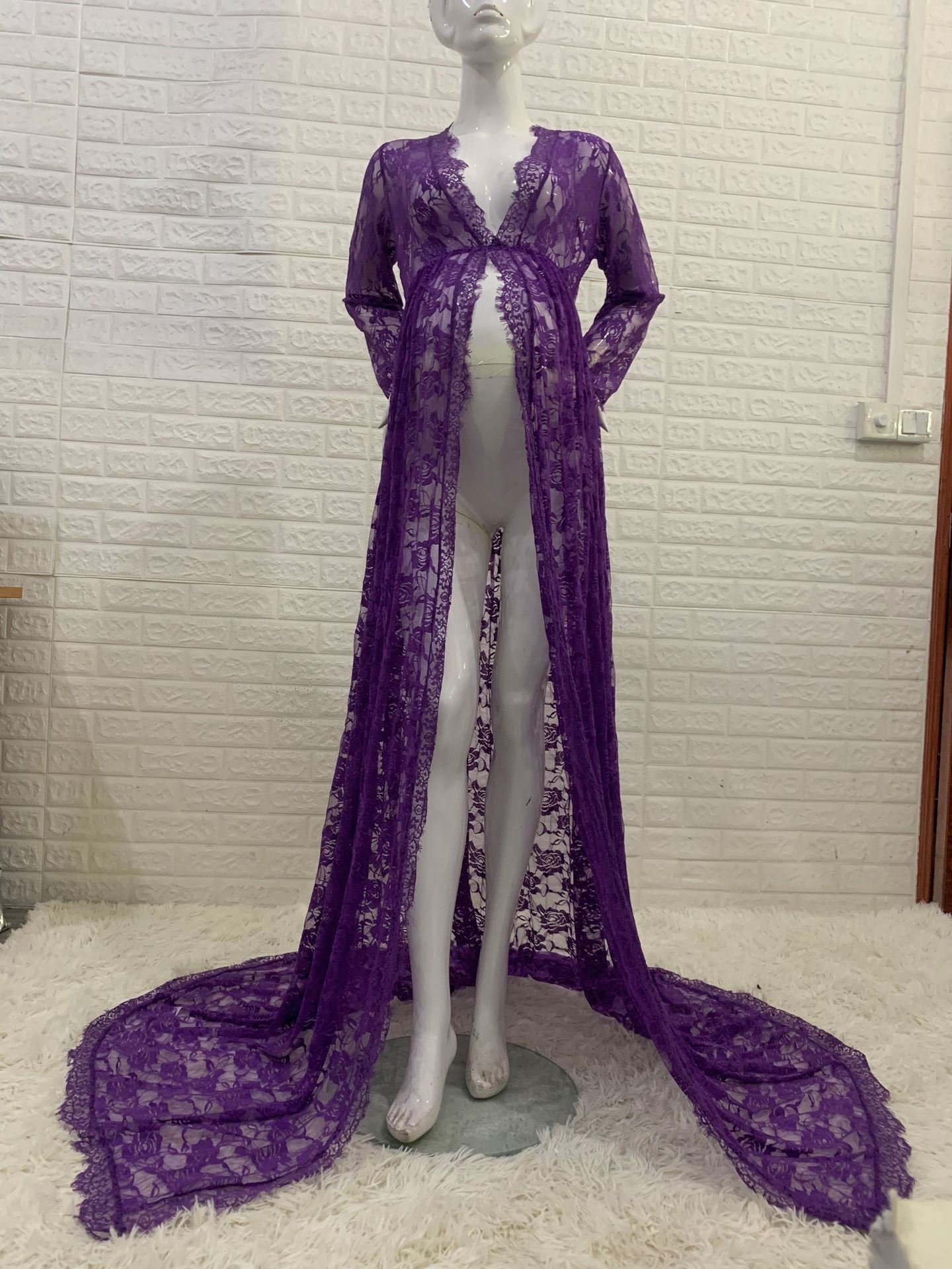 Maternity Photo Shoot Lace Sheer Open Front Maxi Robe