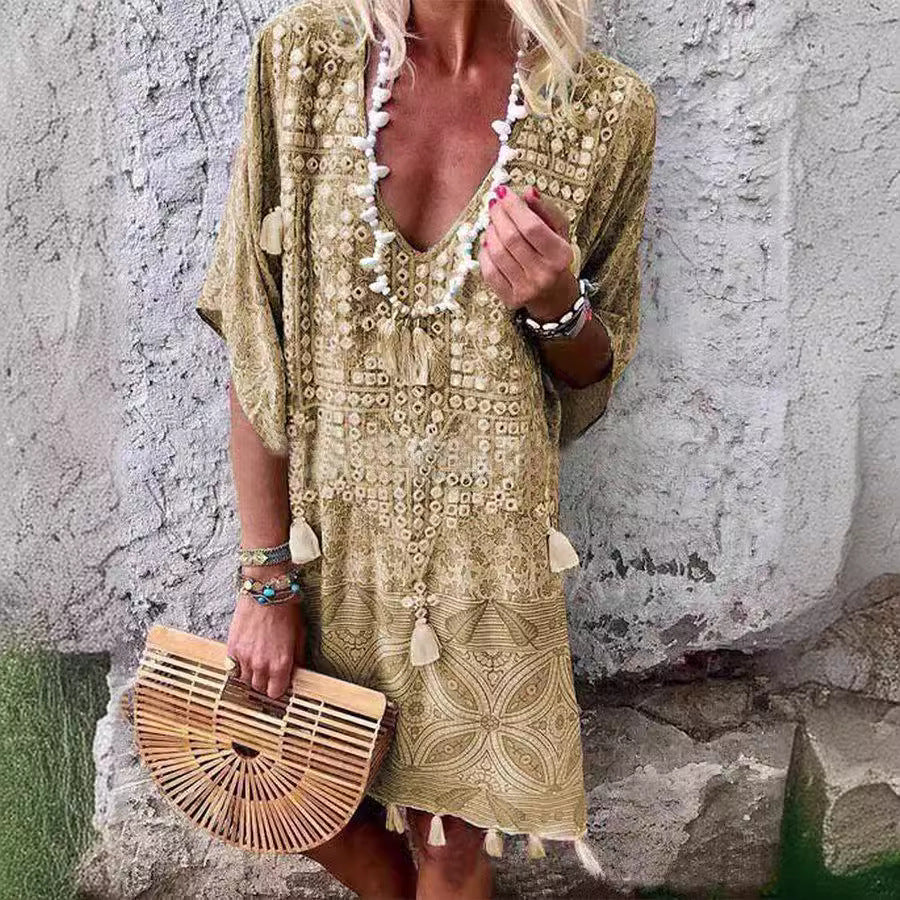 Boho Vintage Tribal Print V-Neck Tassel Loose Midi Dress