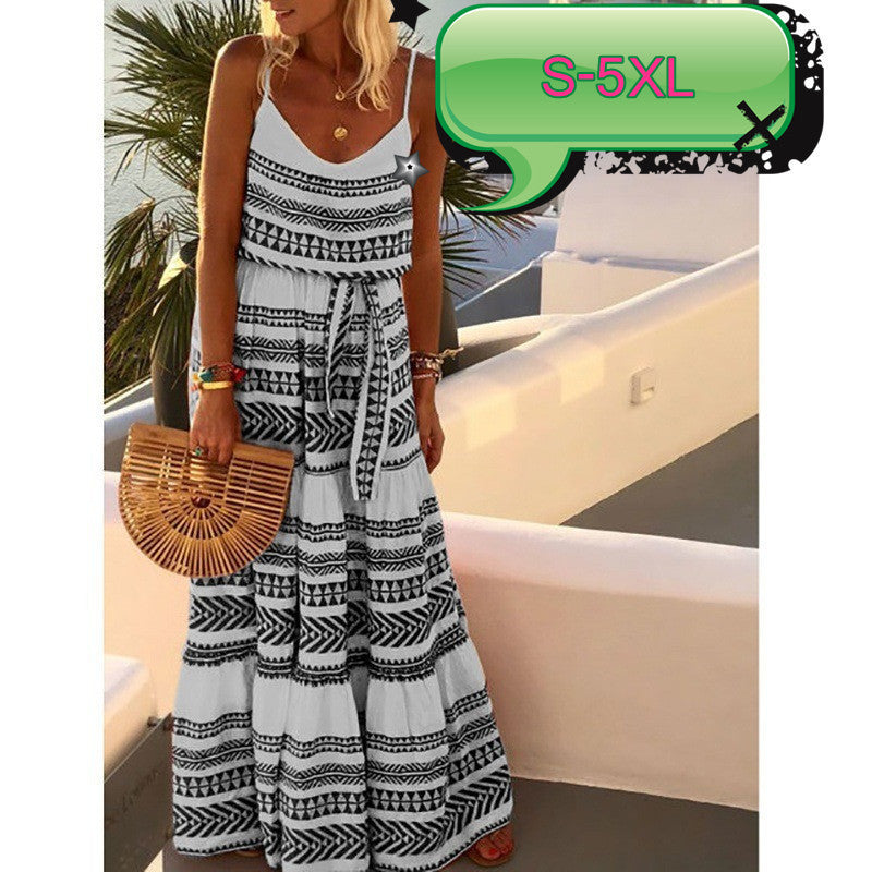Boho Geometric Print V-Neck Spaghetti Strap Tiered Maxi Dress