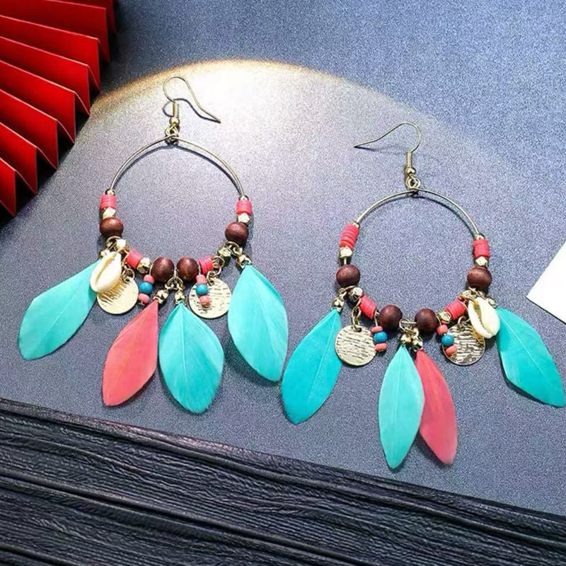 Boho Blue Feather Tassel Earrings | Ethnic Style Niche Design Jewelry