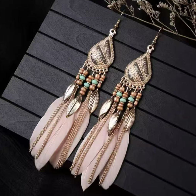 Boho Blue Feather Tassel Earrings | Ethnic Style Niche Design Jewelry