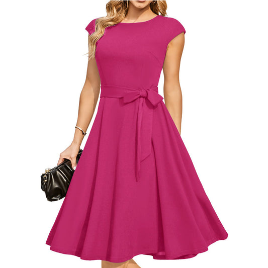 Bohemian Solid Color Round Neck Cap Sleeve Belted A-Line Midi Dress