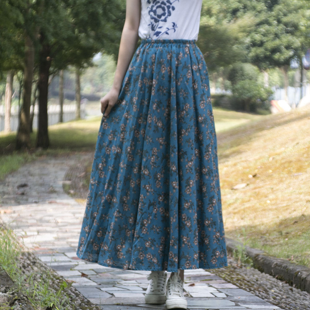 Cotton and linen printed maxi skirt | Retro ethnic style elastic waist midi skirt