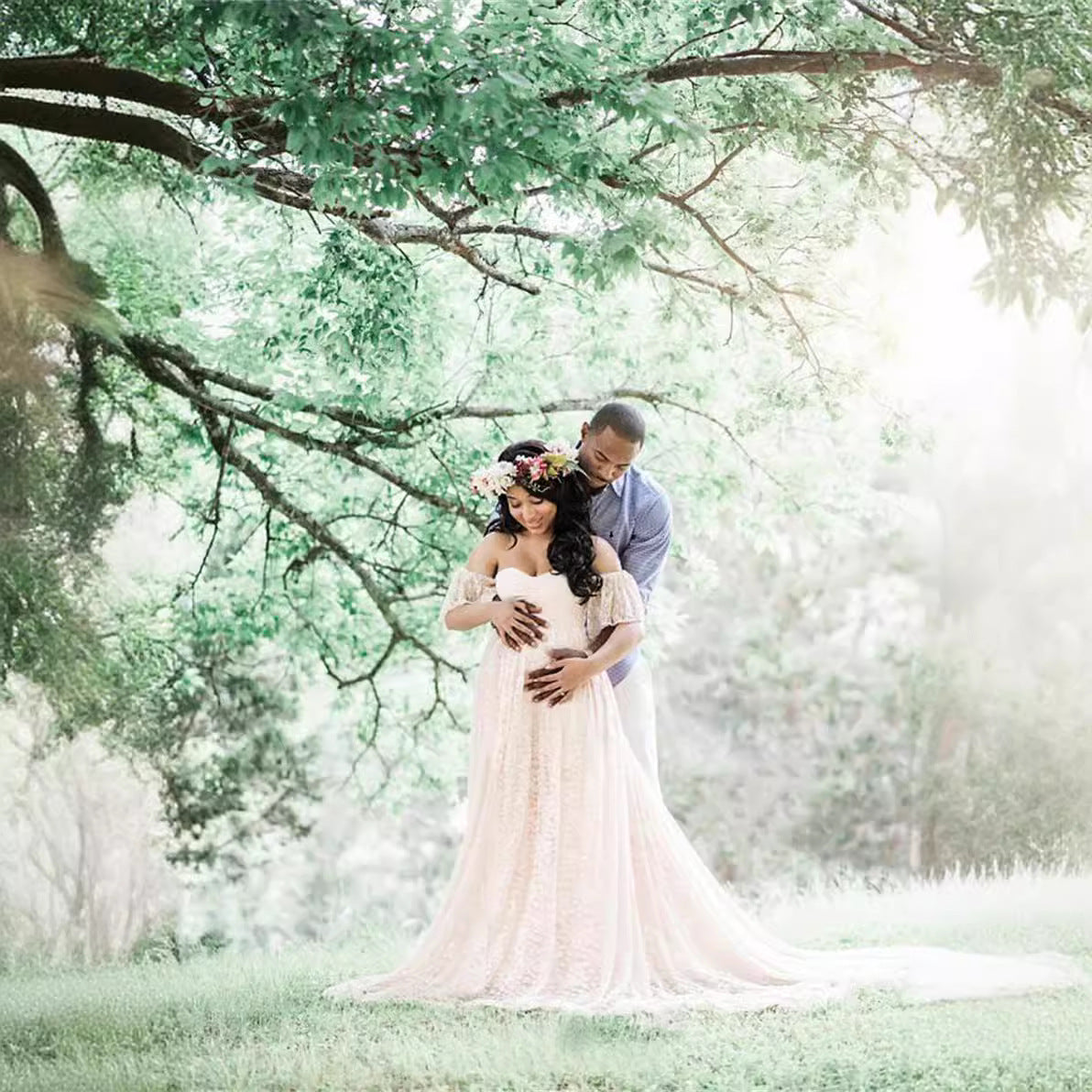 Maternity Photo Shoot Off Shoulder Lace Trailing Maxi Dress