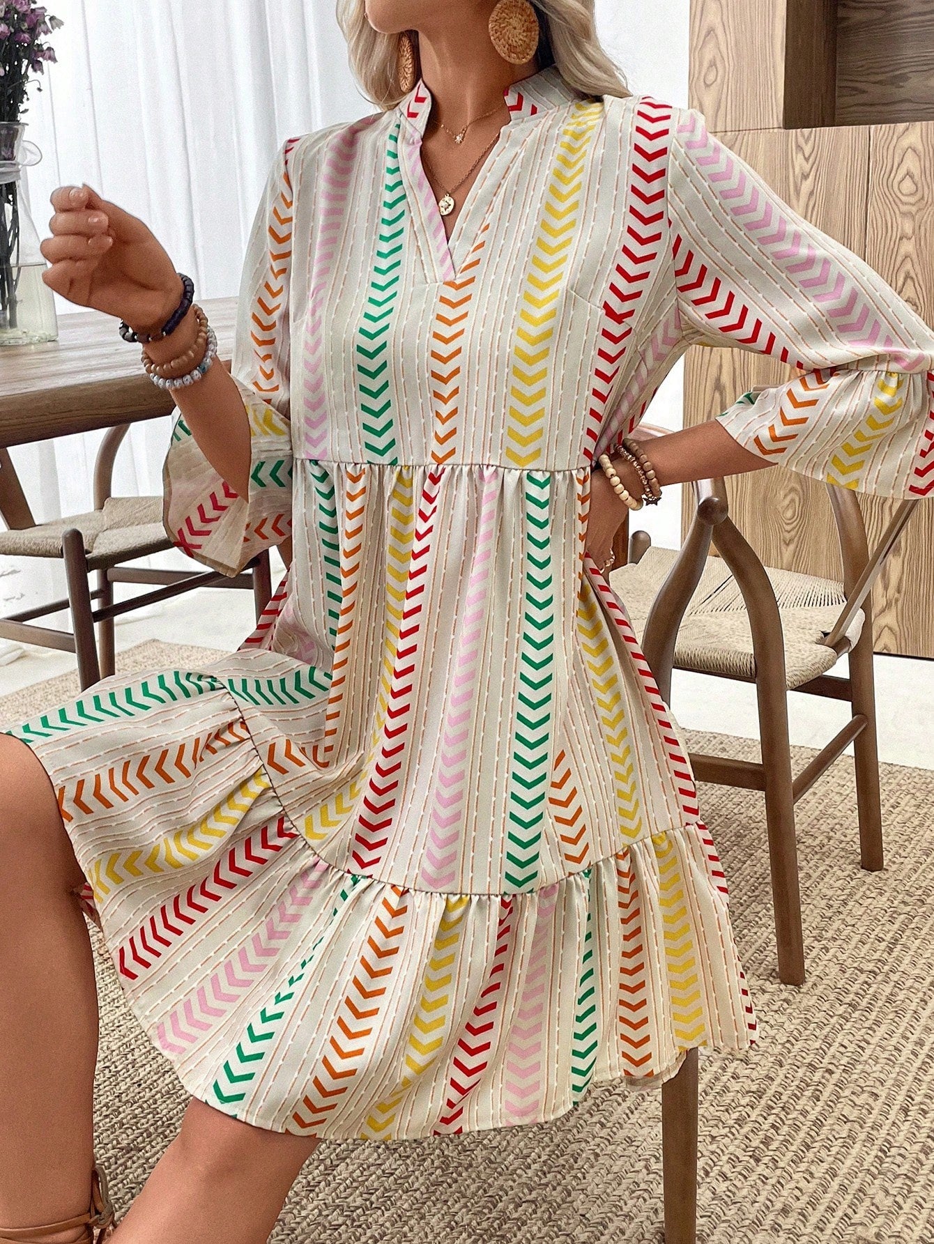 Boho Colorful Arrow Stripe V Neck Bell Sleeve Ruffle Hem Loose Dress
