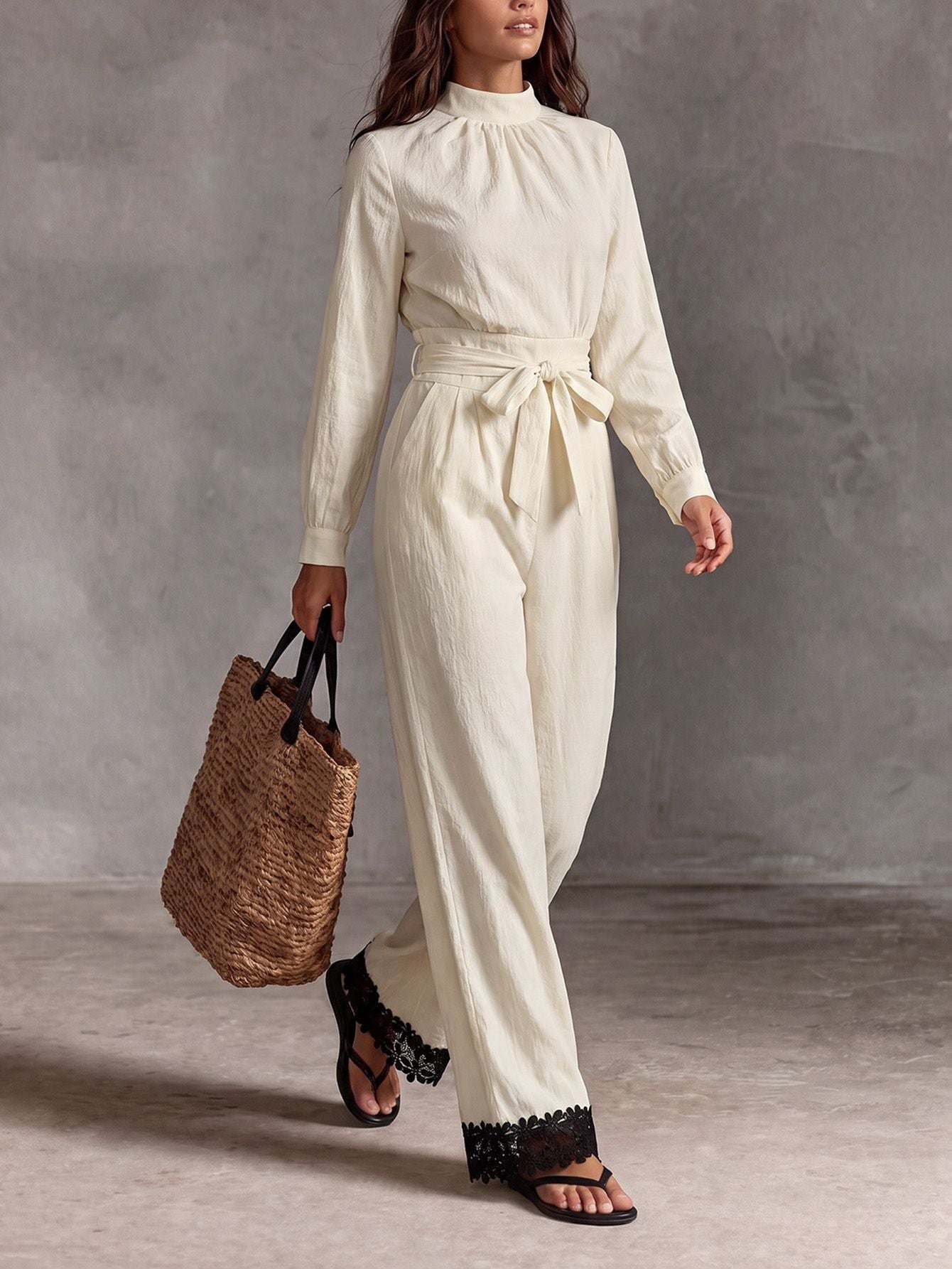 Apricot High Mock Neck Long Sleeve Self-Tie Belt Wide-Leg Contrast Lace Hem Jumpsuit