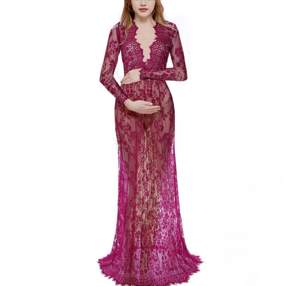 Maternity Photo Shoot Lace Sheer Trailing Maxi Dress