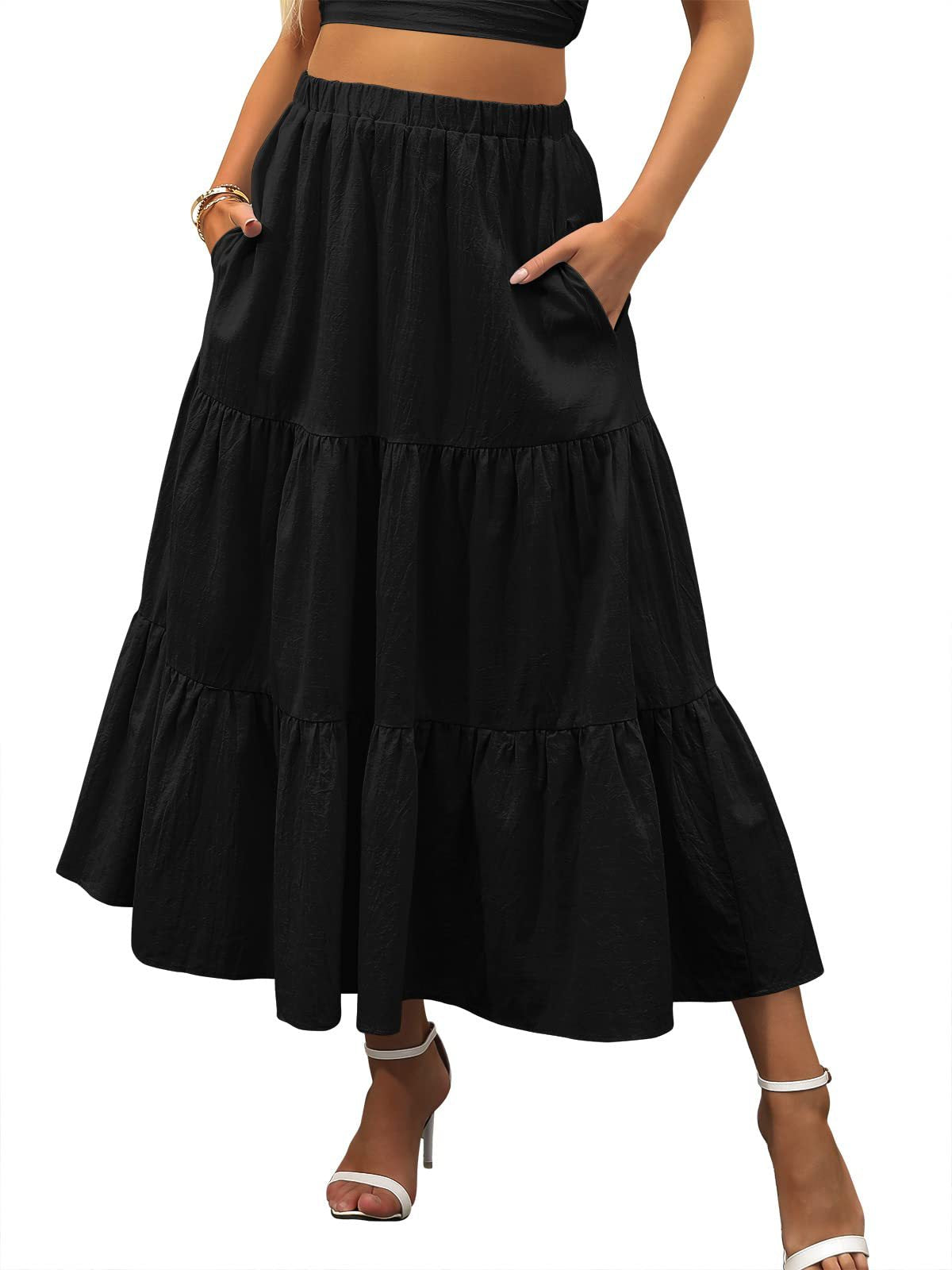Bohemian Solid Color Elastic Waist Tiered Ruffle Maxi Skirt
