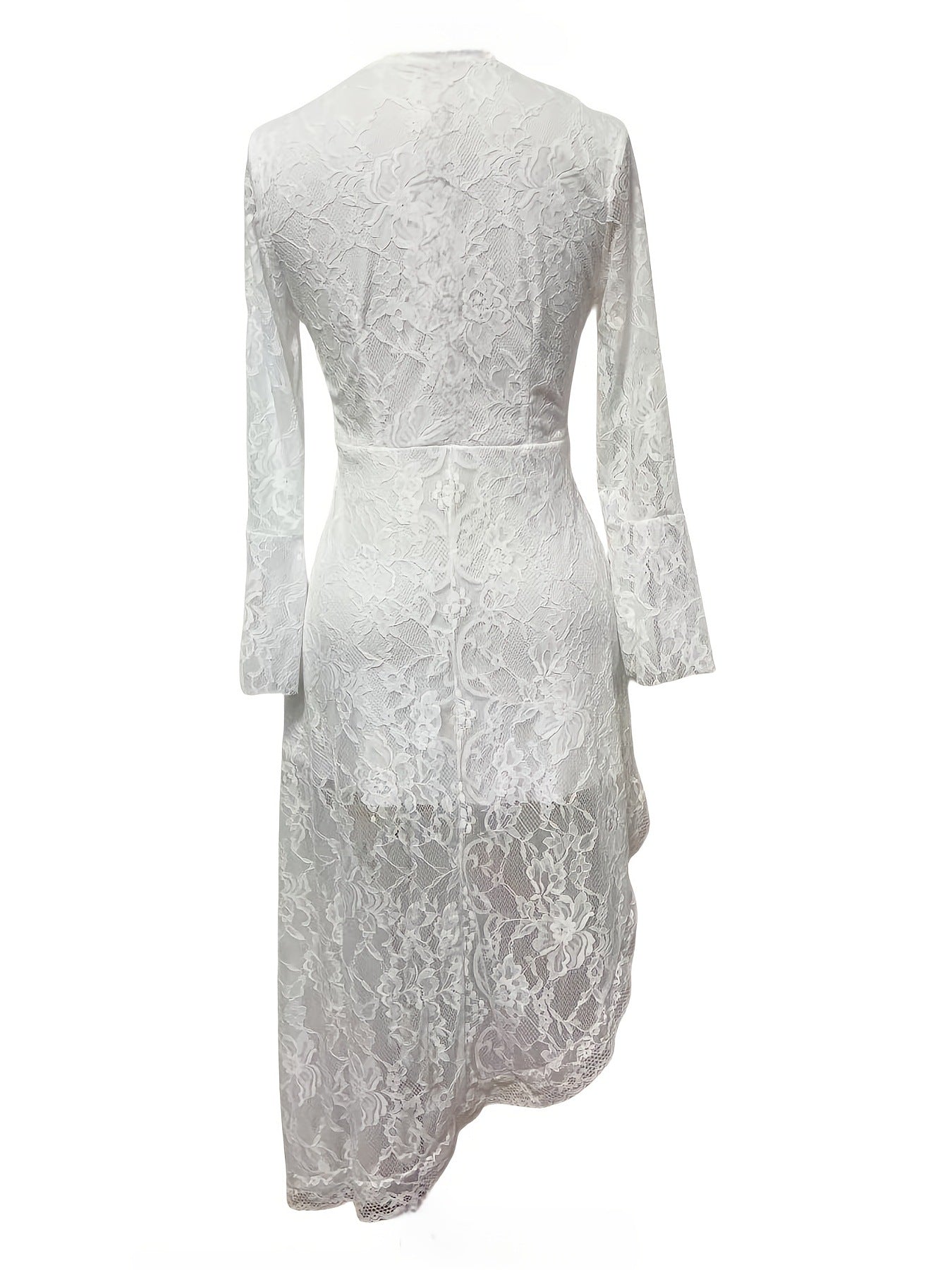 French White Lace Long Sleeve Waist-Cinching Asymmetrical Slit Maxi Dress | Elegant Luxury Slimming Evening Gown