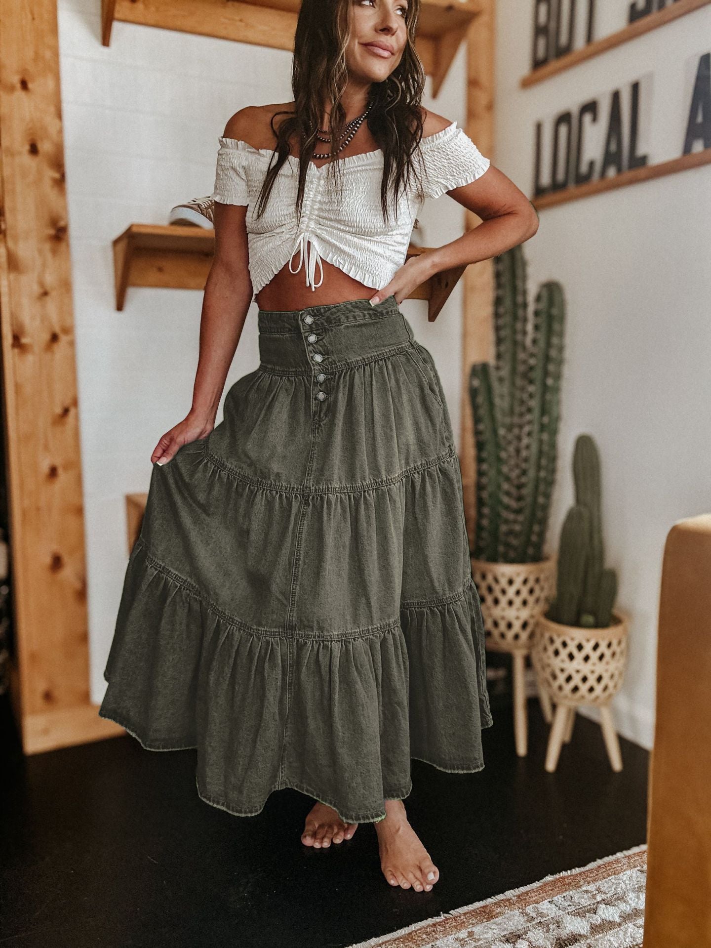 High Waist Buttoned Tiered Ruffle Denim Maxi Skirt | Vintage Loose A-Line Flowy Skirt