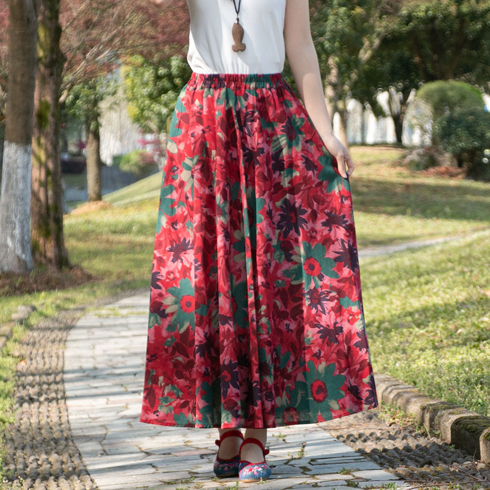 Cotton and linen printed maxi skirt | Retro ethnic style elastic waist midi skirt